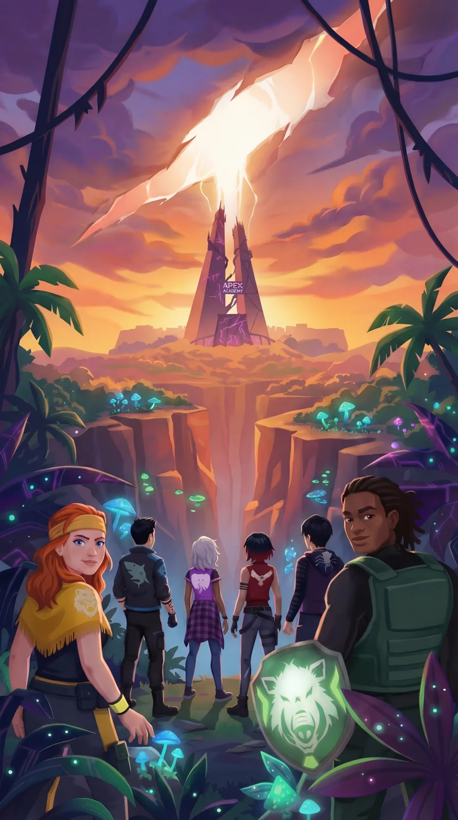 Apex Academy season two poster: the team looks out over a jungle canyon toward the Apex tower as lightning strikes